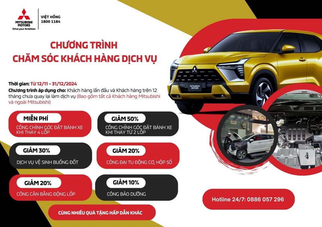 CHƯƠNG TRÌNH ƯU ĐÃI DỊCH VỤ HẤP DẪN TẠI XƯỞNG DỊCH VỤ MITSUBISHI MOTORS VIỆT HỒNG ĐẾN HẾT 31/12/2024