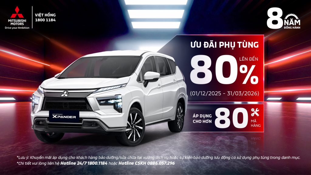 MITSUBISHI XPANDER –  MỪNG SINH NHẬT 8 NĂM – ƯU ĐÃI PHỤ TÙNG SỬA CHỮA LÊN ĐẾN 80%